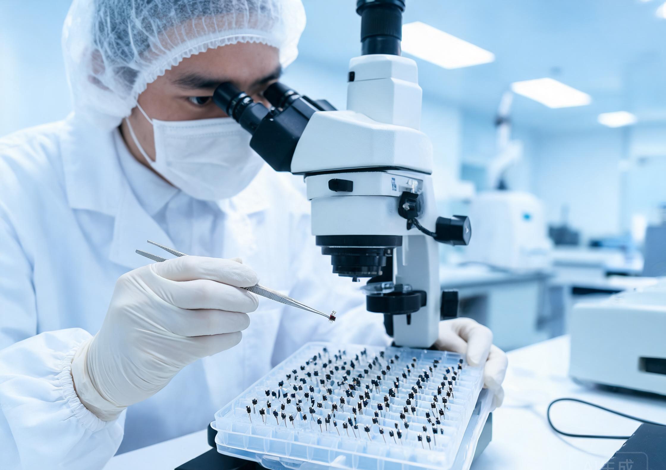 质检人员使用显微镜检查二极管器件